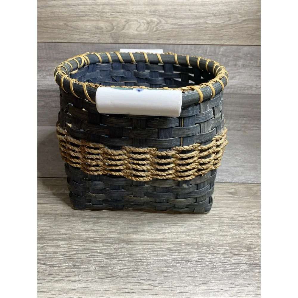 Vintage Bamboo Woven Basket Blue With Porcelain Handle